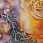 Close-up of vibrant orange holiday drink with delicate watercolor textures and festive details.