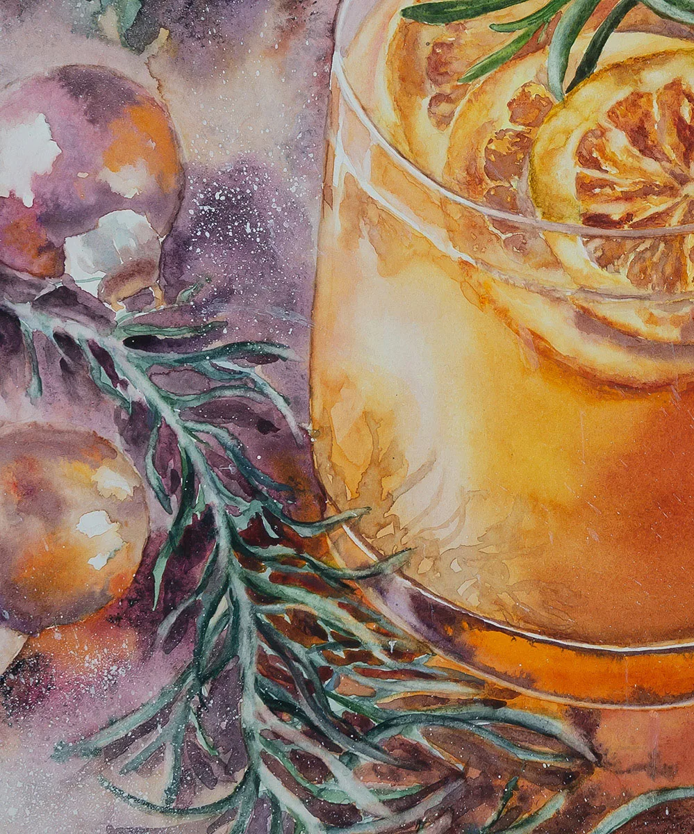 Close-up of vibrant orange holiday drink with delicate watercolor textures and festive details.