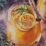 Close-up of sparkling holiday punch with delicate watercolor textures and vibrant colors.