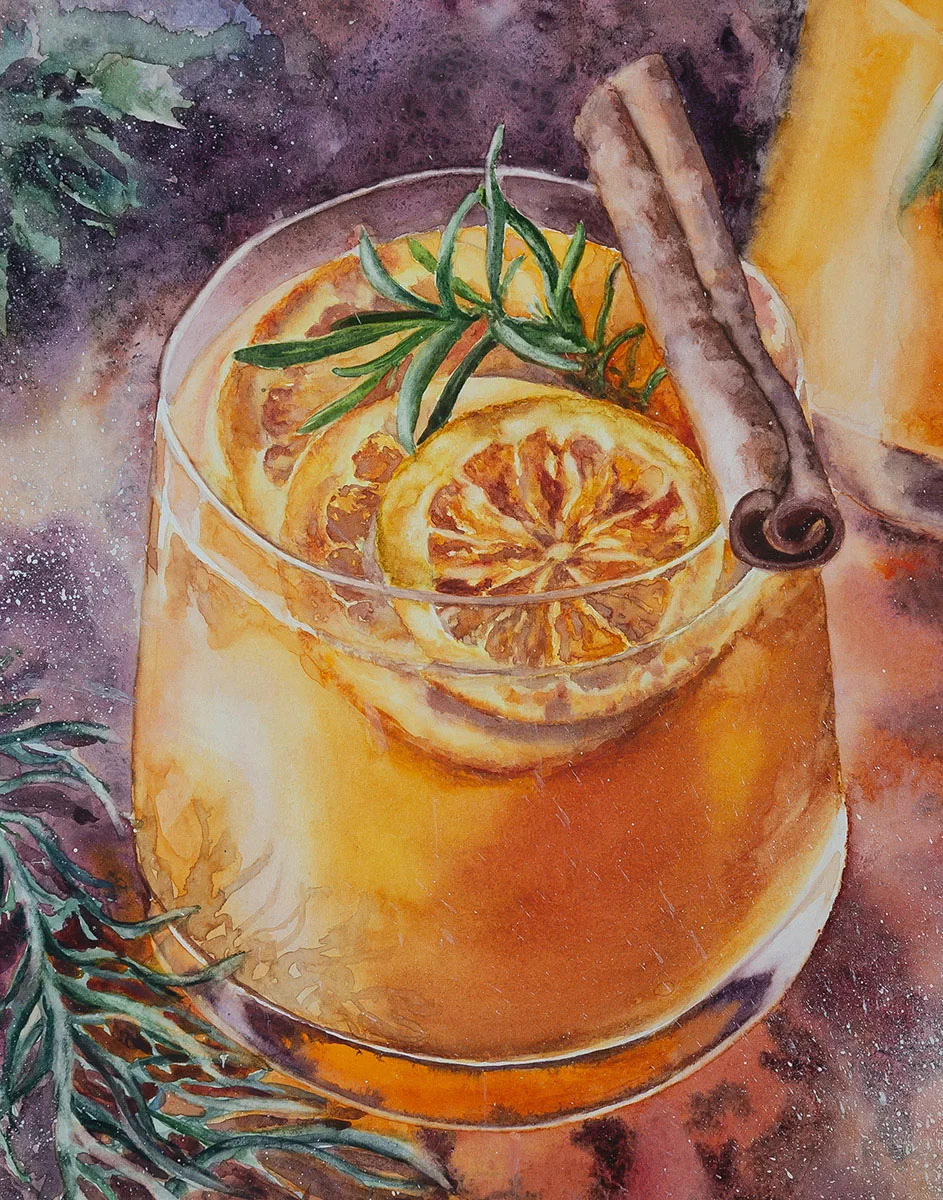 Close-up of sparkling holiday punch with delicate watercolor textures and vibrant colors.