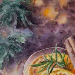 Detailed view of the glowing orange Christmas punch in Kateryna Nazarenko’s festive watercolor painting.