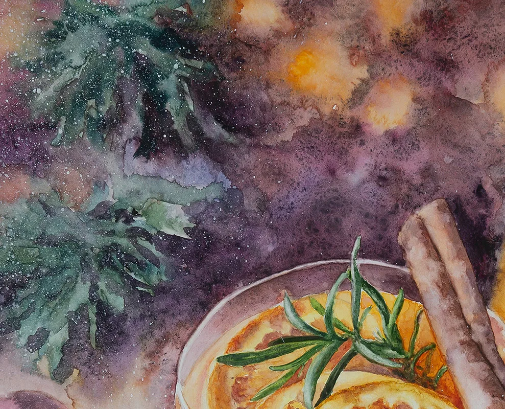 Detailed view of the glowing orange Christmas punch in Kateryna Nazarenko’s festive watercolor painting.
