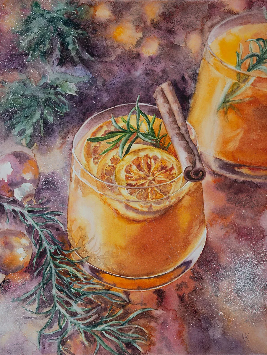 Seasonal watercolor artwork featuring a bright orange holiday drink, perfect for Christmas decor.