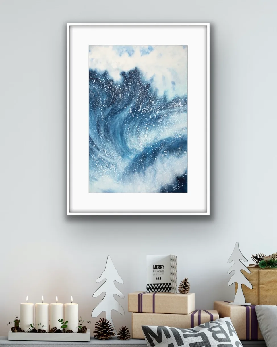Framed ‘Night Wave’ on a wall, creating a powerful focal point with its expressive ocean waves.