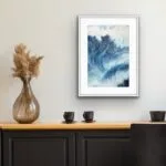Framed ‘Night Wave’ in a modern living room, adding a bold and dramatic touch with its striking ocean waves in deep navy blue, perfectly complementing the sleek decor.