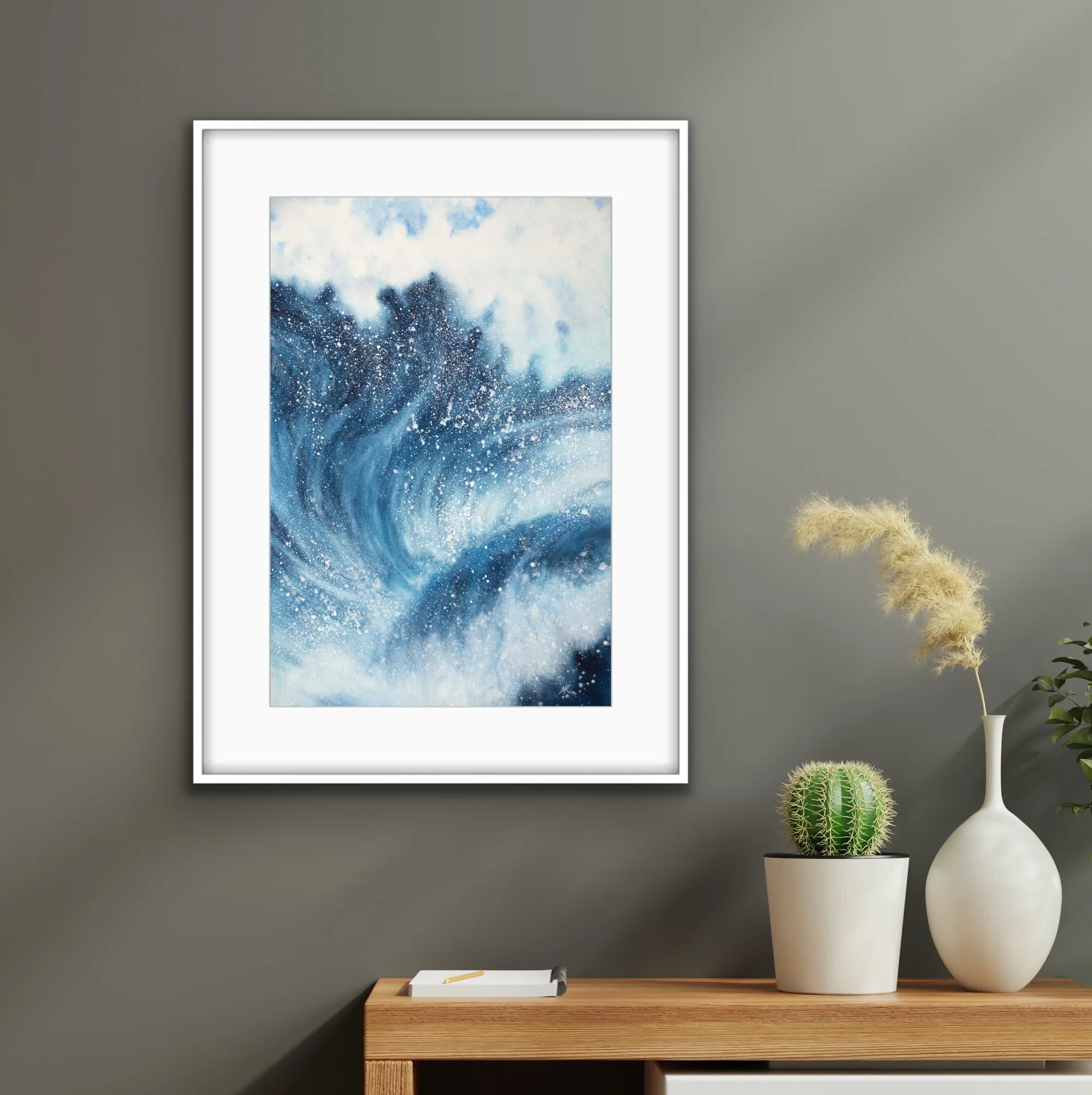 ‘Night Wave’ framed on a hallway wall, adding a dramatic and powerful presence of the ocean to the home's atmosphere.