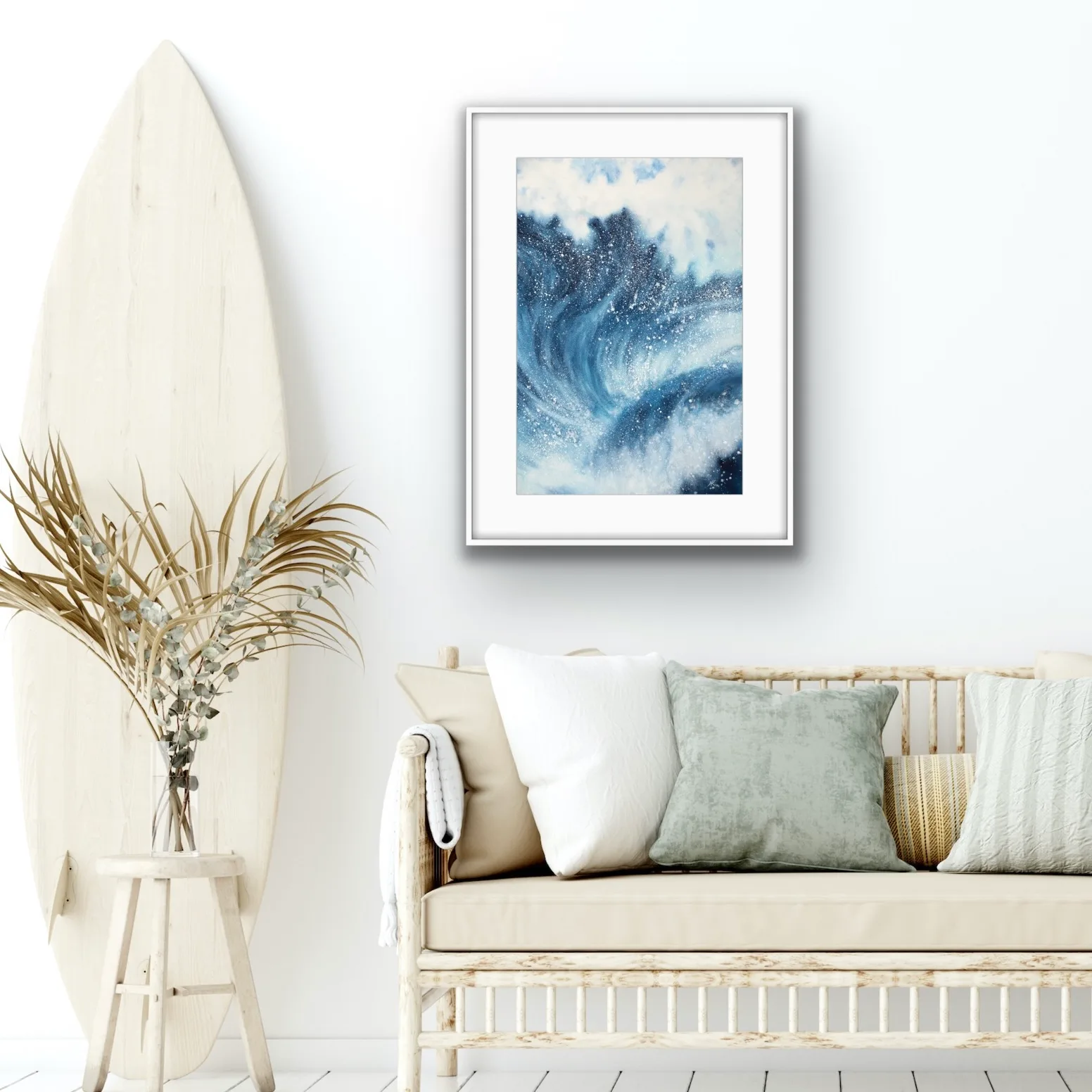 Framed ‘Night Wave’ in a coastal living room, bringing dynamic energy and bold ocean waves into the home decor.