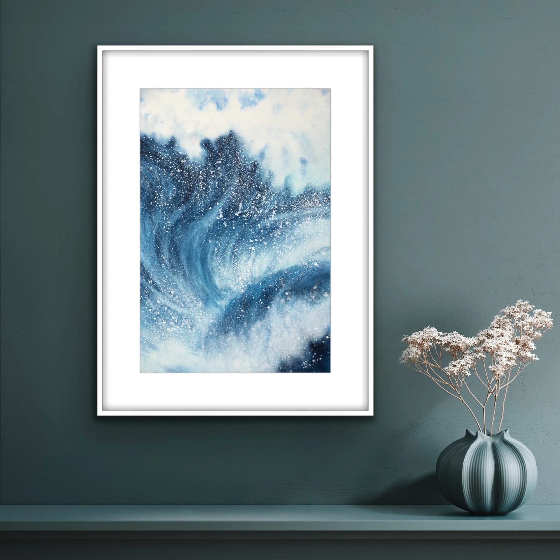 Framed ‘Night Wave’ above a shelf in a modern living room, adding a dynamic coastal touch with its dramatic navy blue ocean waves and powerful energy.