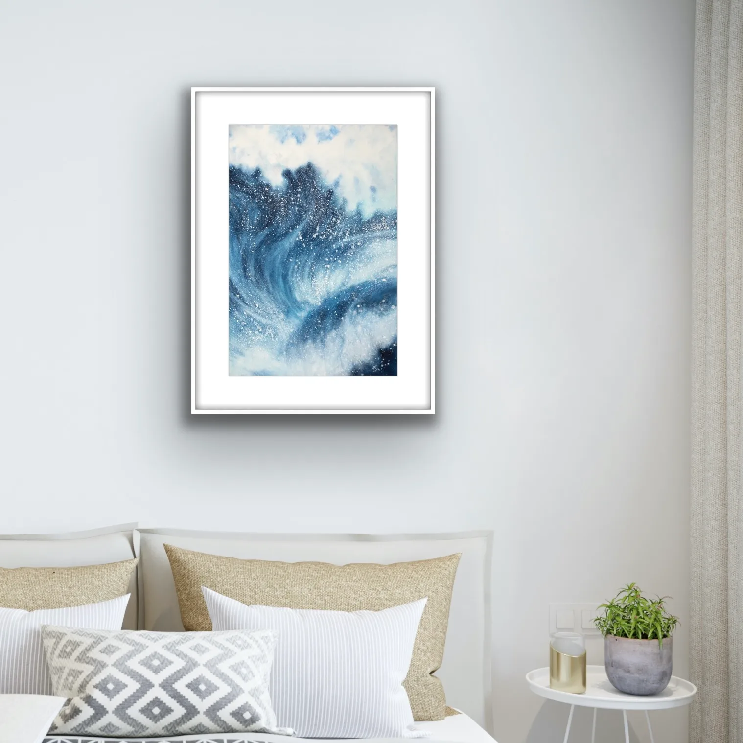 Framed ‘Night Wave’ in a nautical-themed bedroom, enhancing the calming yet intense nature of the night ocean painting.