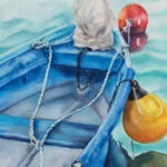 Close-up of the boat in ‘Blue and Yellow Boat,’ showcasing the vibrant yellow fenders and soft blue hull, emphasizing the contrasting colors and details of the boat.