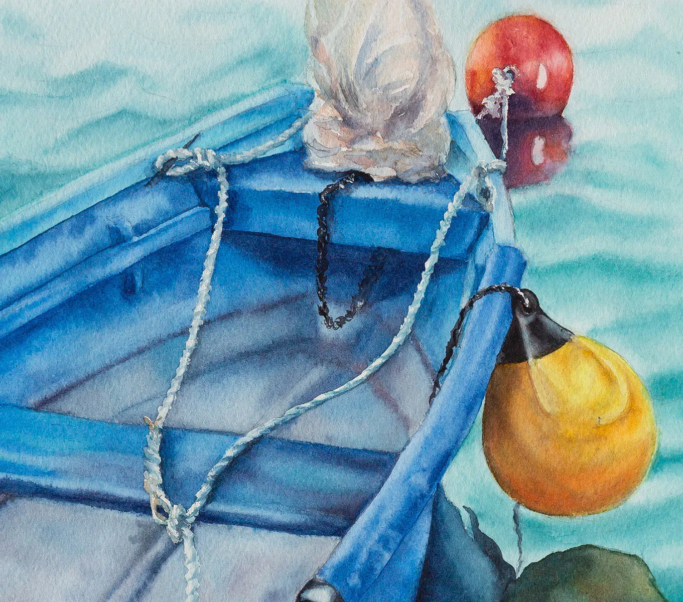 Close-up of the boat in ‘Blue and Yellow Boat,’ showcasing the vibrant yellow fenders and soft blue hull, emphasizing the contrasting colors and details of the boat.
