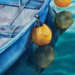 Detailed view of the water reflections in ‘Blue and Yellow Boat,’ highlighting the calming ripples and gentle movement.