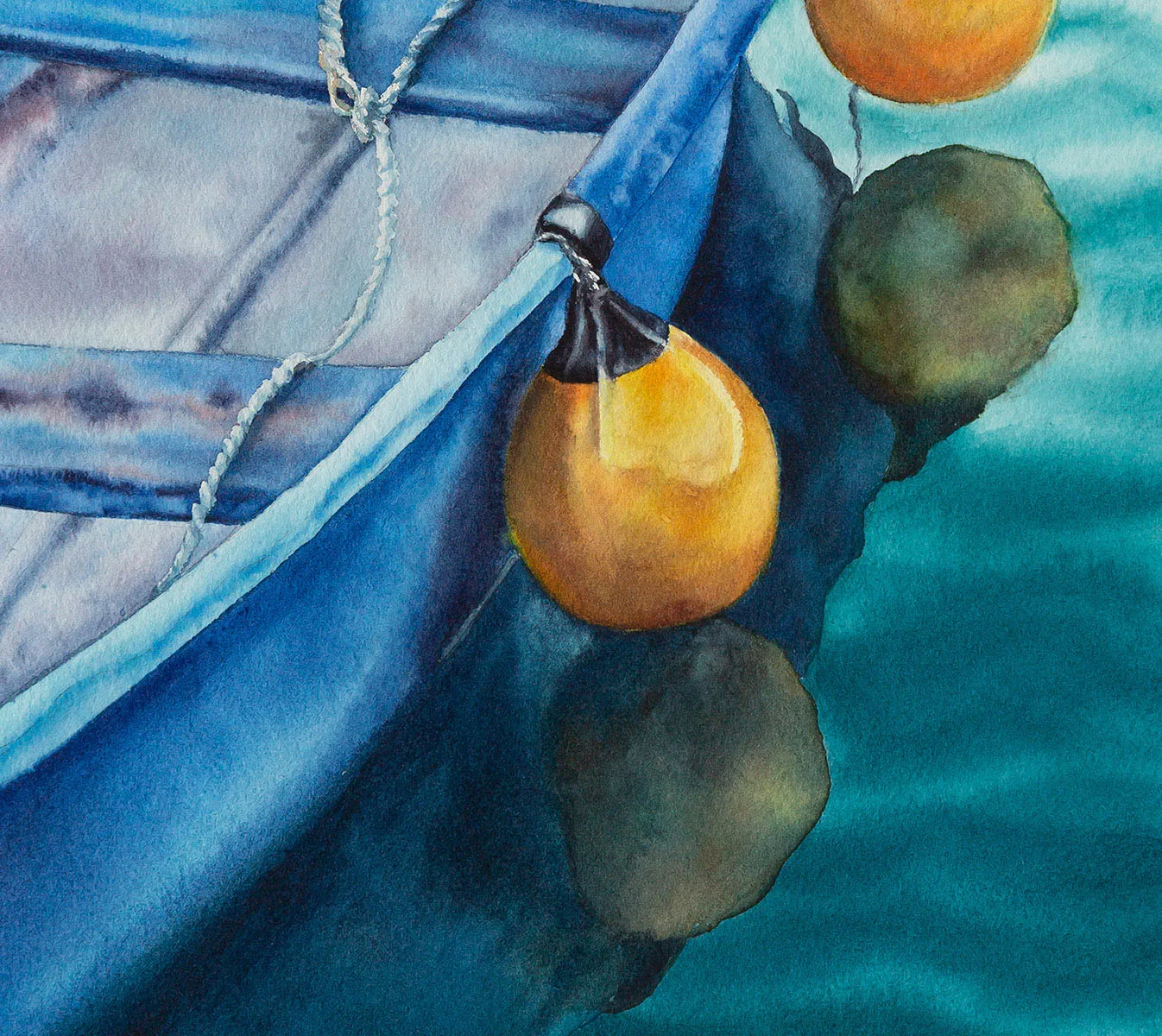 Detailed view of the water reflections in ‘Blue and Yellow Boat,’ highlighting the calming ripples and gentle movement.