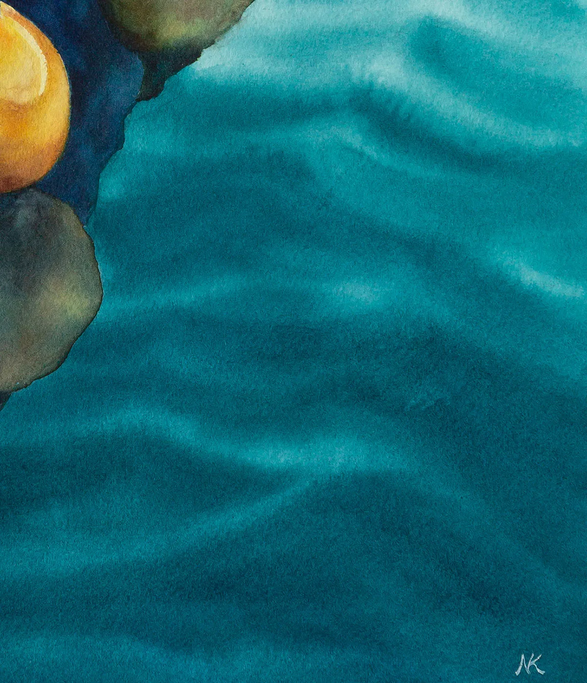Kateryna Nazarenko’s signature on the bottom corner of ‘Blue and Yellow Boat,’ marking the authenticity of this original artwork.