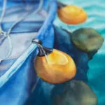 Close-up of the boat’s vibrant yellow fenders and soft blue hues, highlighting the contrast between the warm and cool tones in ‘Blue and Yellow Boat.’