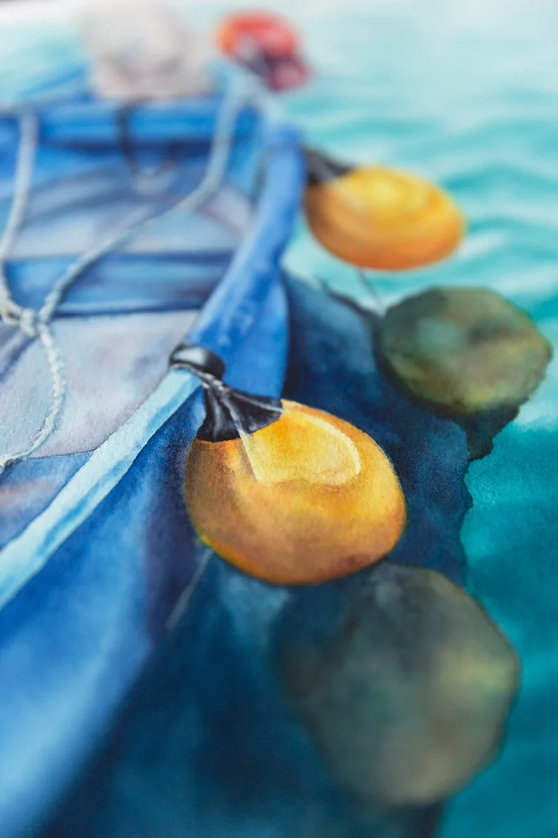 Close-up of the boat’s vibrant yellow fenders and soft blue hues, highlighting the contrast between the warm and cool tones in ‘Blue and Yellow Boat.’