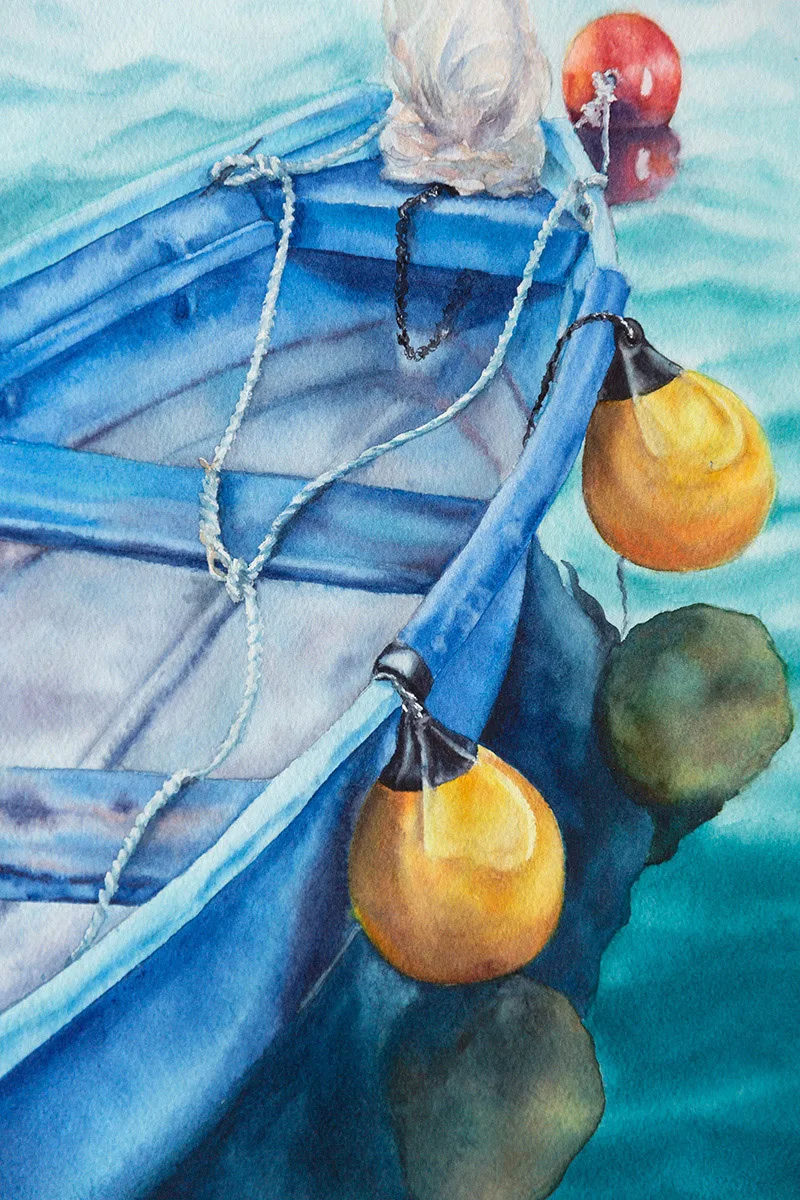 Close-up of the boat's vibrant yellow fenders and the soft blue hues in ‘Blue and Yellow Boat,’ focusing on the contrasting colors.