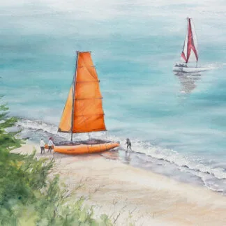 ‘Orange Sail’ watercolor painting, depicting a vibrant sailboat with an orange sail gently gliding on calm blue waters, creating a serene coastal atmosphere.