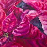 Detailed view of the Poinsettia's center, showing the delicate interplay of color and light, reflecting the bold, expressive watercolor style.