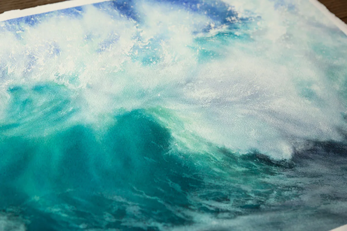 Detail of the soft transitions in the water’s surface, showing the smooth blending of green and blue tones in ‘Softness.
