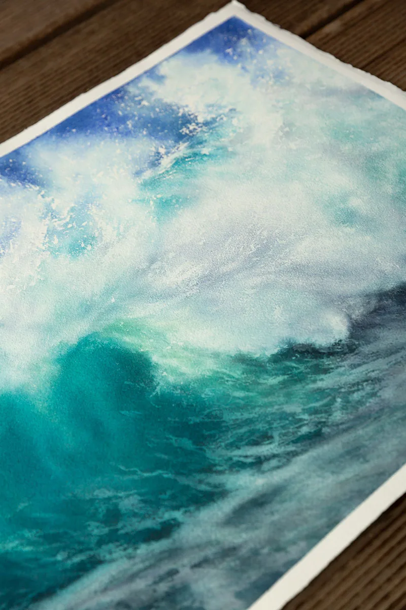 Close-up showing the soft turquoise and green colors blending in ‘Softness,’ conveying a peaceful and tranquil ocean scene.