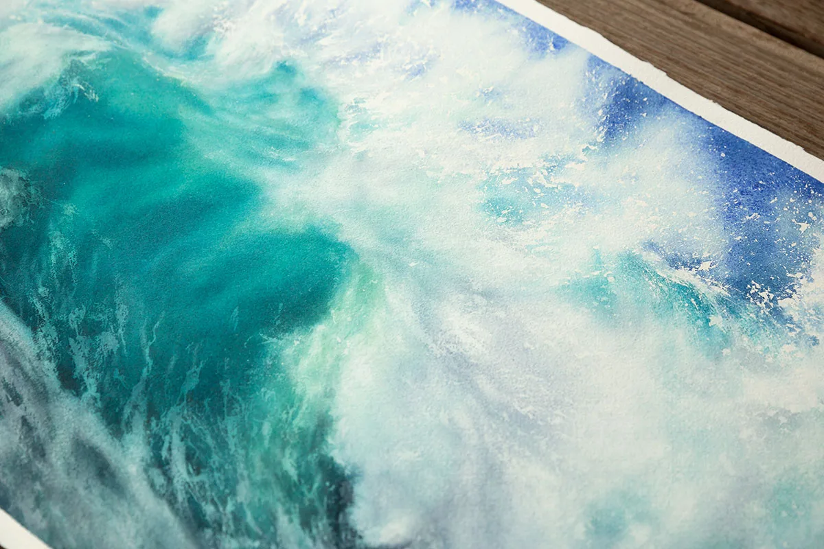 Close-up view of the dynamic turquoise wave in ‘Softness,’ showcasing the delicate brushstrokes and vibrant colors.”