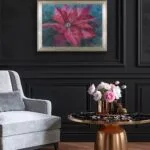 Red poinsettia painting in a living room, enhancing the space with vibrant festive colors.