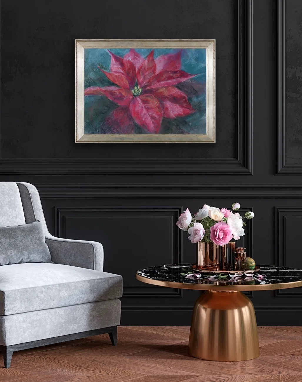 Red poinsettia painting in a living room, enhancing the space with vibrant festive colors.