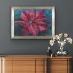 Vibrant red poinsettia soft pastel painting on the living room wall, bringing a festive, elegant touch to the decor.