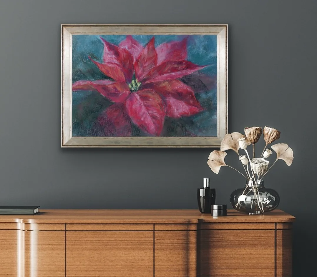 Vibrant red poinsettia soft pastel painting on the living room wall, bringing a festive, elegant touch to the decor.
