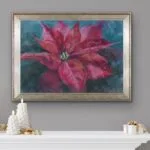 Red poinsettia soft pastel painting above a fireplace with Christmas decor, creating a striking holiday focal point.