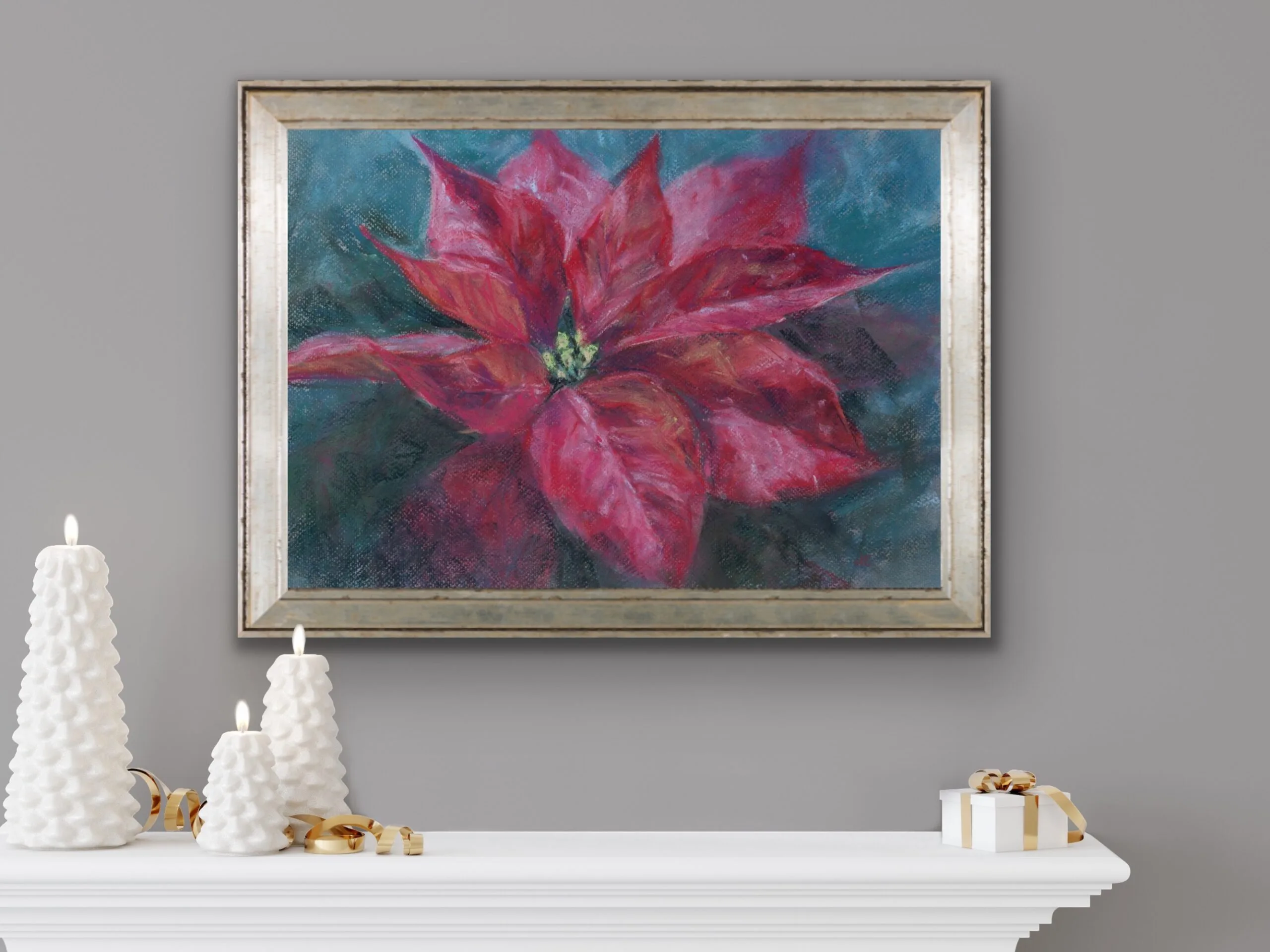Red poinsettia soft pastel painting above a fireplace with Christmas decor, creating a striking holiday focal point.