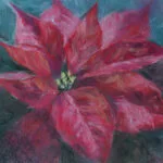 Original soft pastel painting of a red poinsettia, highlighted with delicate pastel textures.