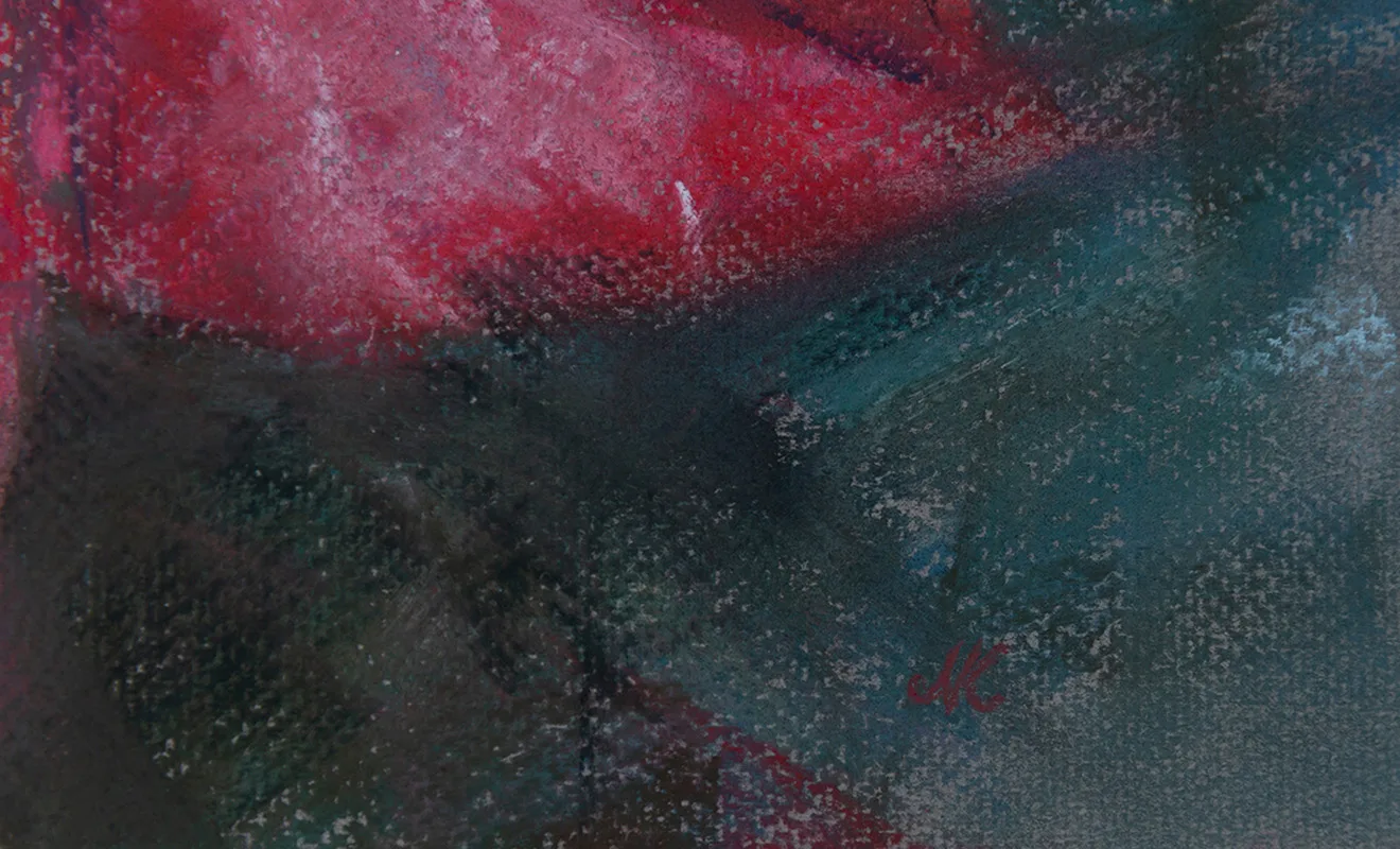 Signature of Kateryna Nazarenko on the red poinsettia soft pastel painting.