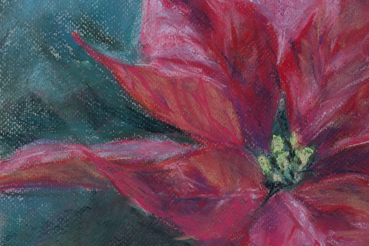 Detailed view of the dark red poinsettia with pastel highlights, emphasizing the impressionistic style.