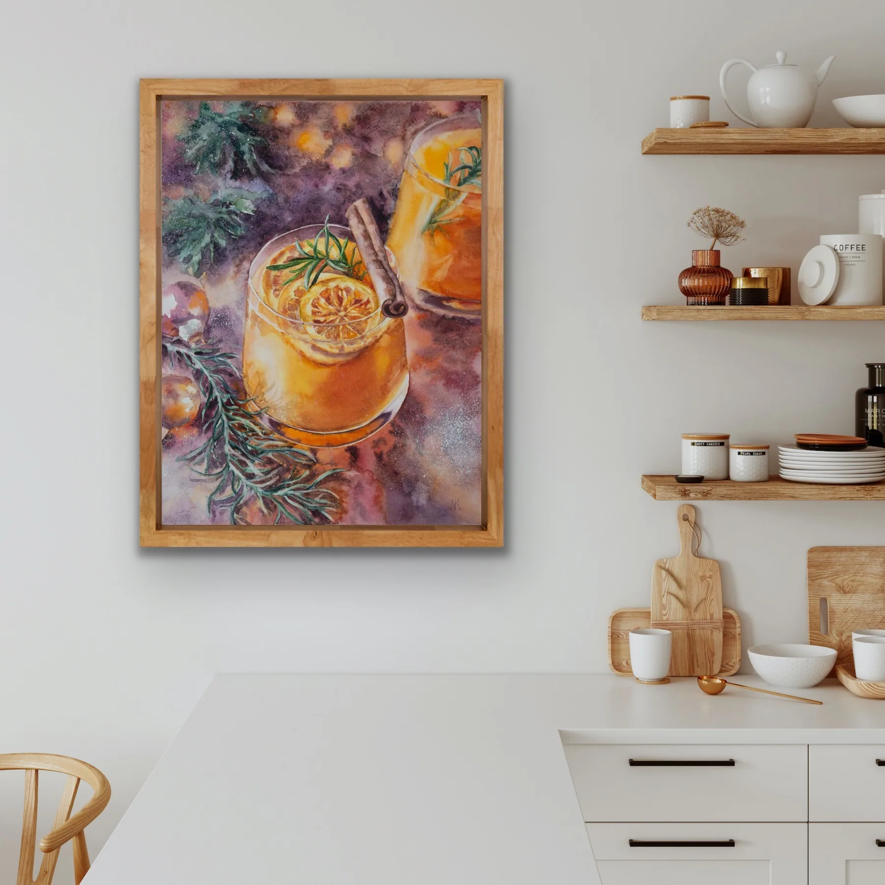 Seasonal watercolor artwork of a glowing holiday drink displayed in a festive kitchen setting.