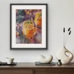 Festive watercolor painting of Christmas punch displayed in a cozy living room, enhancing holiday decor.