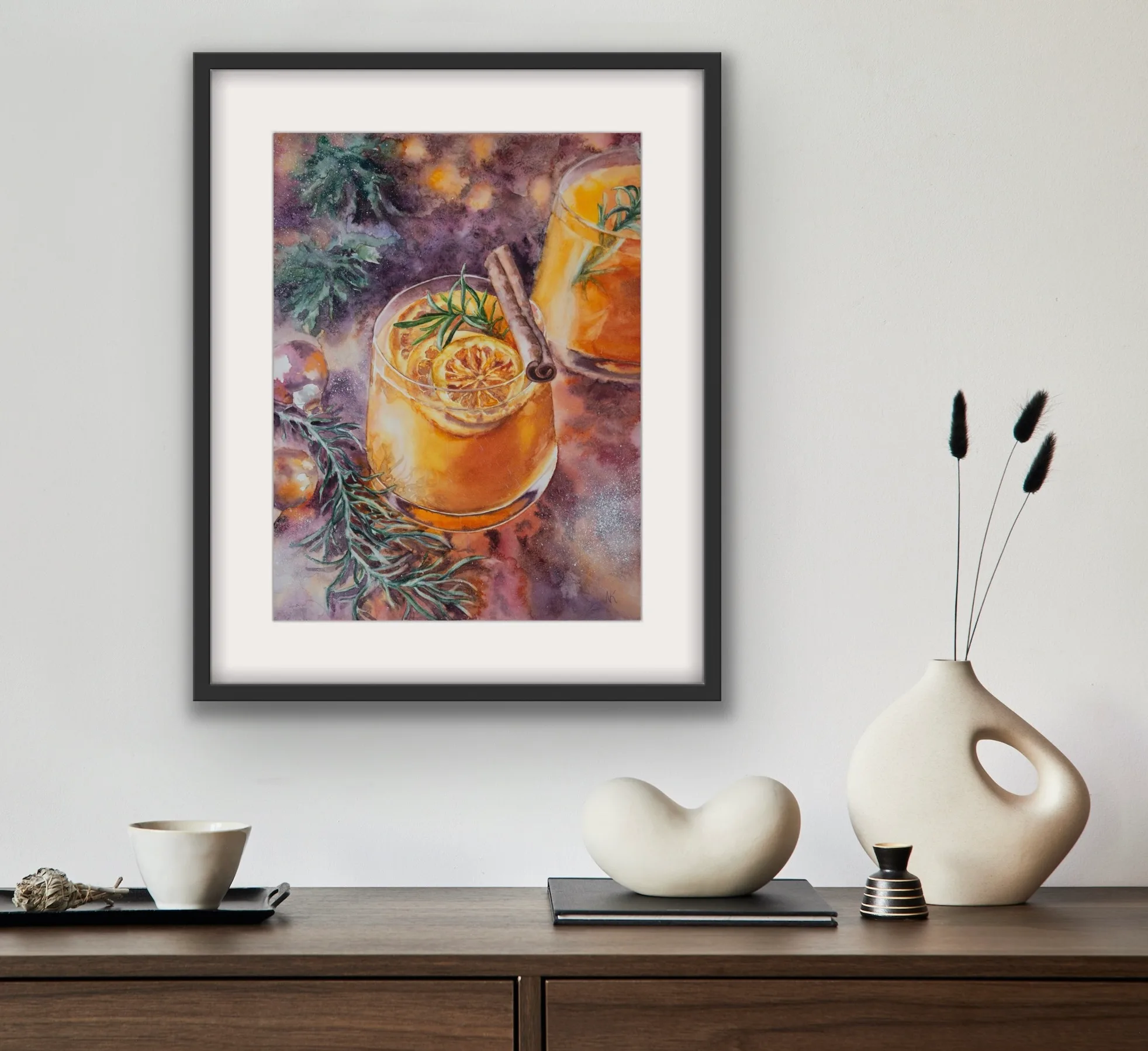 Festive watercolor painting of Christmas punch displayed in a cozy living room, enhancing holiday decor.