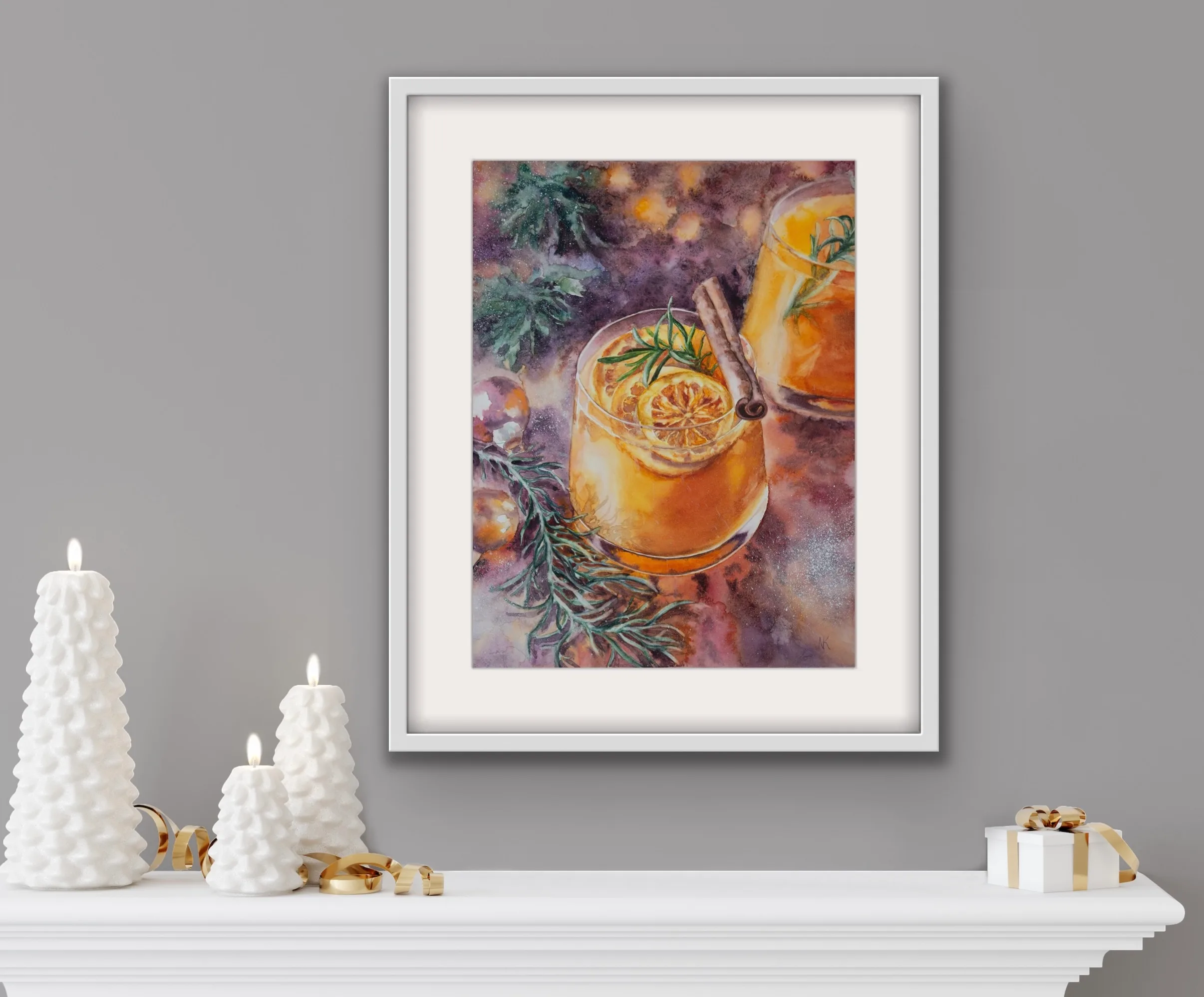 Christmas drink watercolor painting styled above a fireplace with festive decorations.
