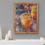 Christmas drink watercolor painting styled above a fireplace with festive decorations, enhancing cozy holiday vibes.