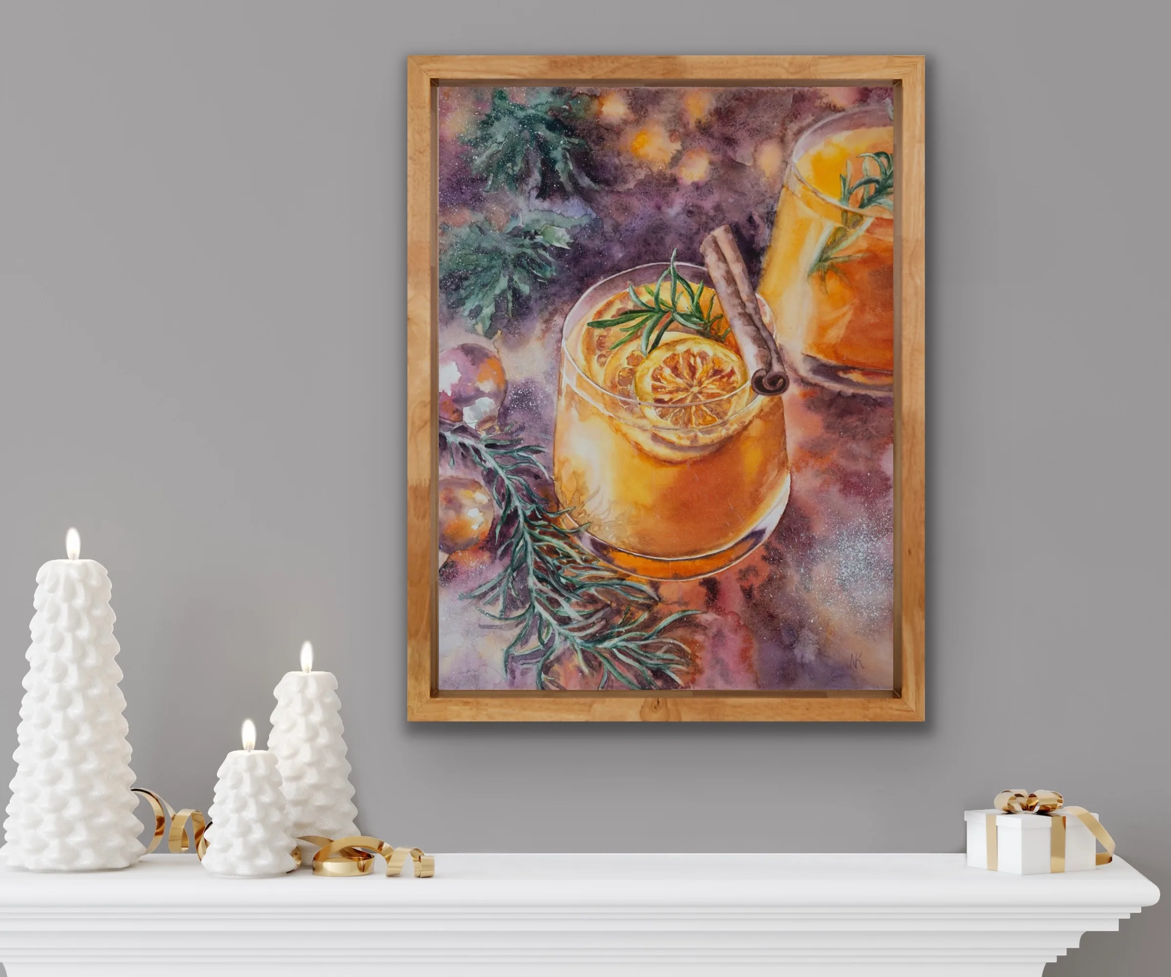 Christmas drink watercolor painting styled above a fireplace with festive decorations, enhancing cozy holiday vibes.