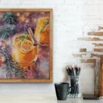 Christmas drink watercolor painting styled above the shelf, perfect for festive interiors.