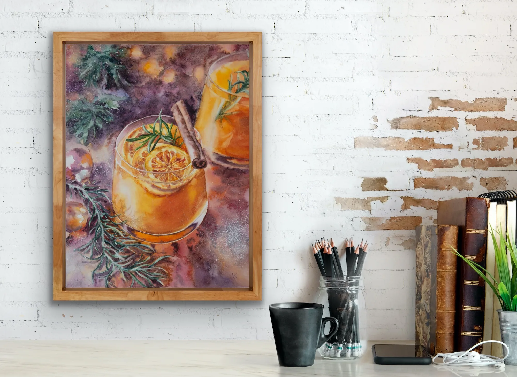 Christmas drink watercolor painting styled above the shelf, perfect for festive interiors.