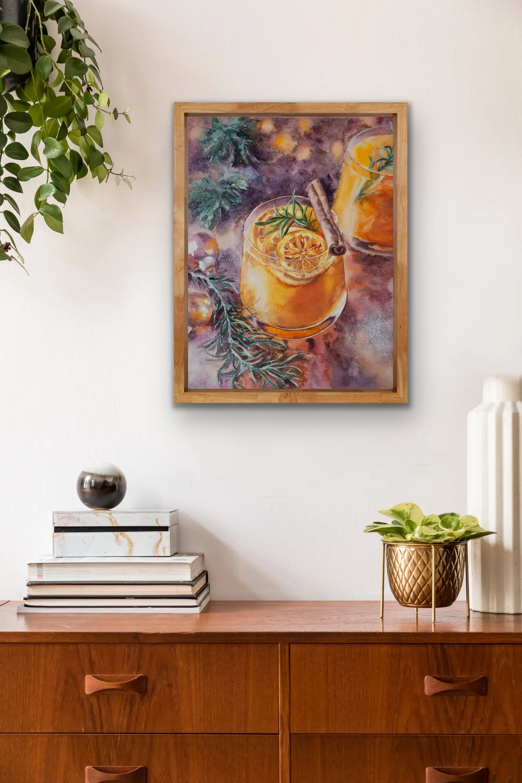 Holiday-themed watercolor art of orange punch, perfect for dining room Christmas decor.