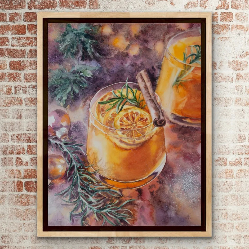 Framed Christmas drink watercolor painting, adding holiday warmth to any seasonal interior decor.
