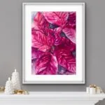 Vibrant magenta Poinsettia watercolor painting above a fireplace with Christmas decor, bringing festive warmth and seasonal cheer to the living room.