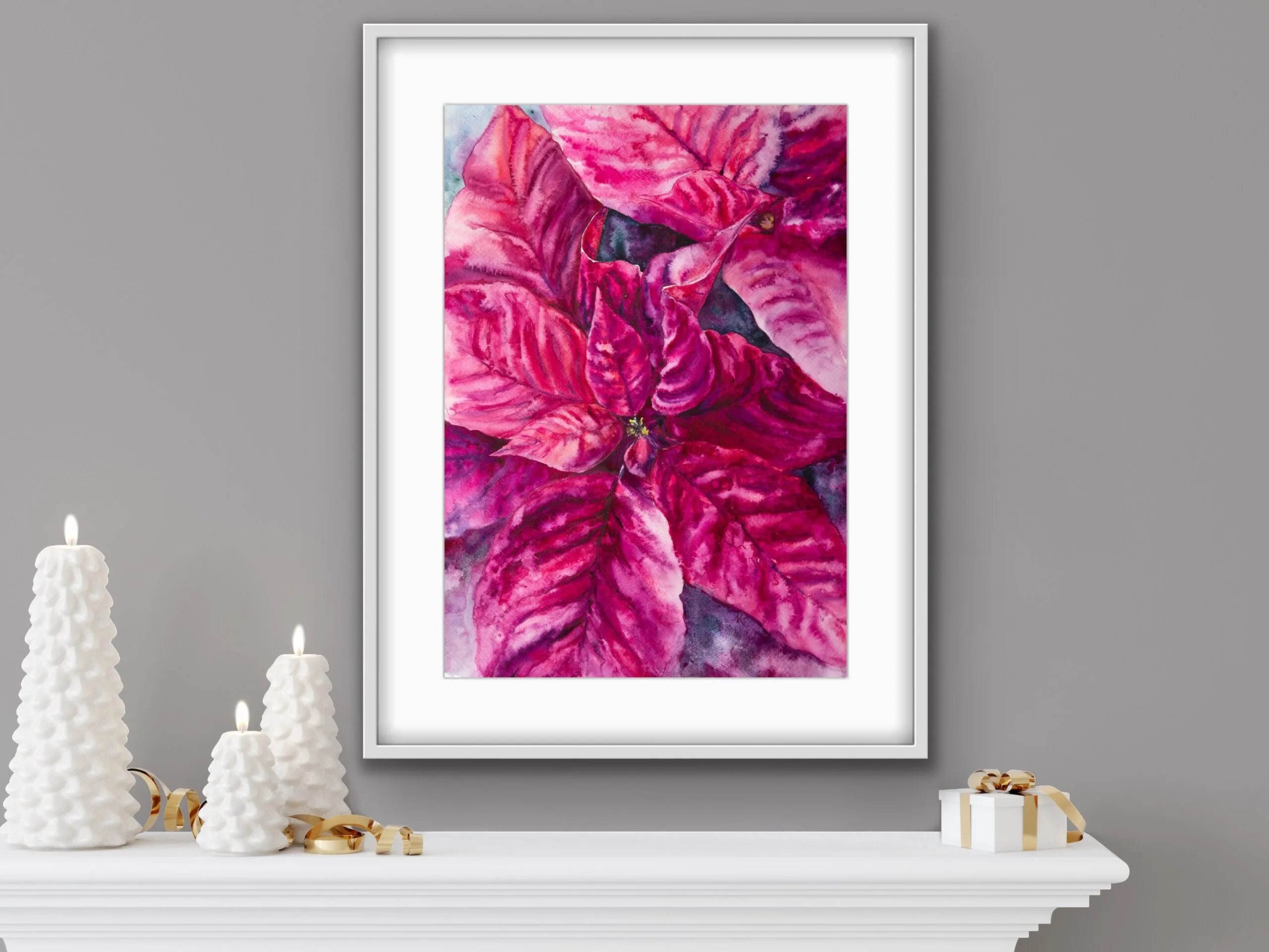 Vibrant magenta Poinsettia watercolor painting above a fireplace with Christmas decor, bringing festive warmth and seasonal cheer to the living room.