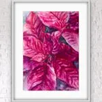 The Poinsettia Magenta painting framed, bringing vibrant holiday cheer to any space with its rich red and magenta colors.