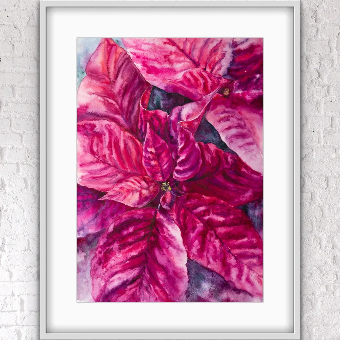 The Poinsettia Magenta painting framed, bringing vibrant holiday cheer to any space with its rich red and magenta colors.