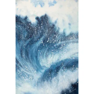 Full view of ‘Night Wave,’ a watercolor painting showing crashing waves with deep navy blue tones, capturing the powerful energy of the ocean at night.
